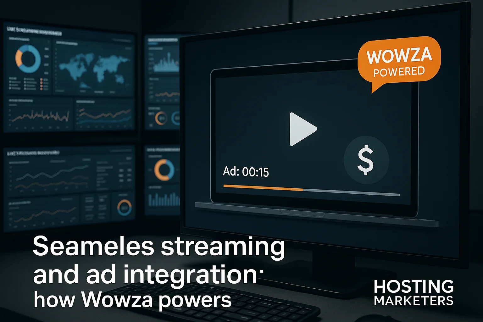 ChatGPT Image Jun 2, 2025, 08_51_51 AM A professional, modern control room with screens showing live streaming dashboards, an HTML5 video player interface with an ad overlay (showing “Ad: 00:15”), and a floating “Wowza Powered” icon in a corner. Include a subtle dollar sign or monetization symbol overlaid near the player to suggest revenue generation. Make sure the environment is sleek, realistic, and tech-forward, suitable for a streaming platform. Include a white Hosting Marketers watermark in the bottom right.